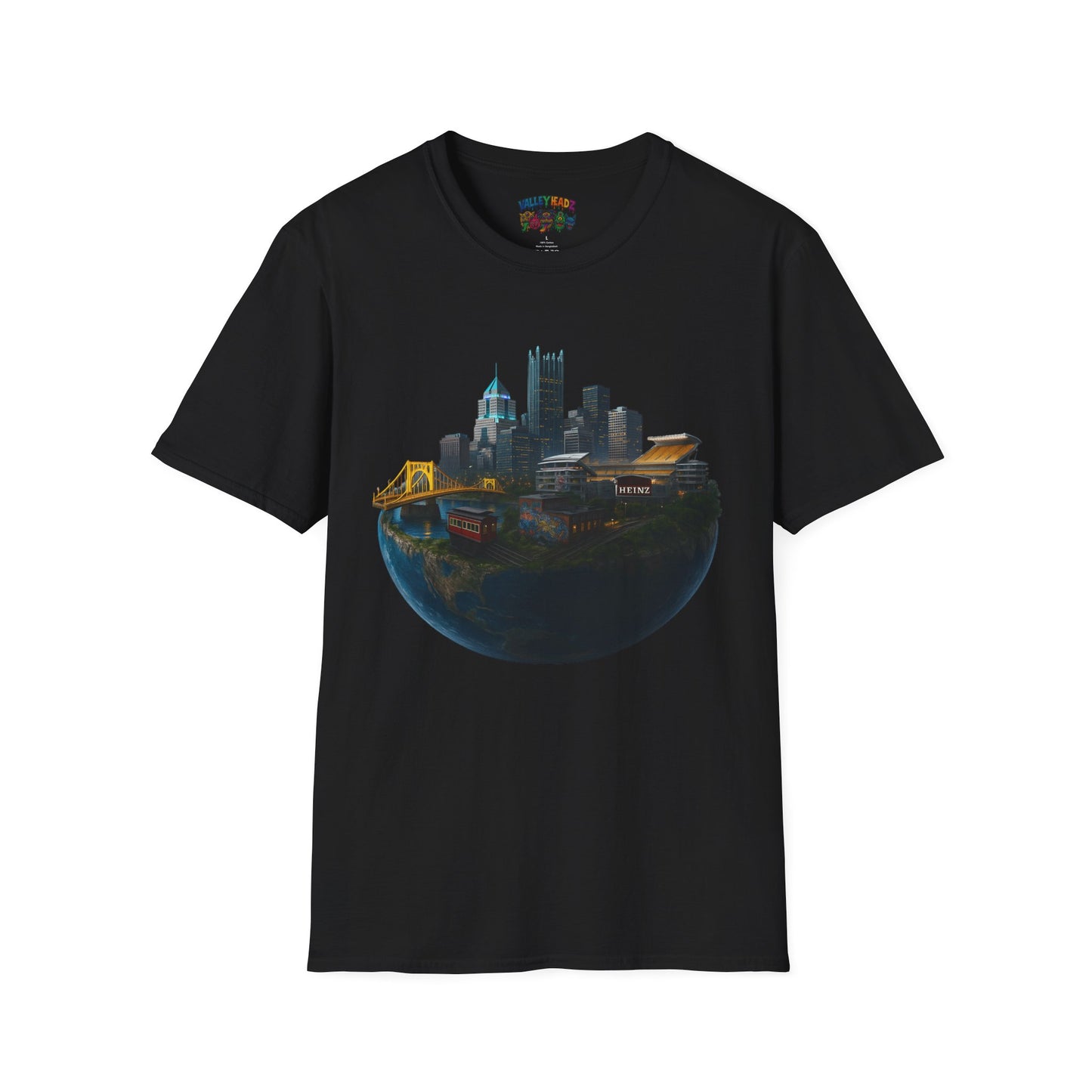 🌐 “Valley Worldz: Steel-City Sphere” Unisex Softstyle Tee 🌐